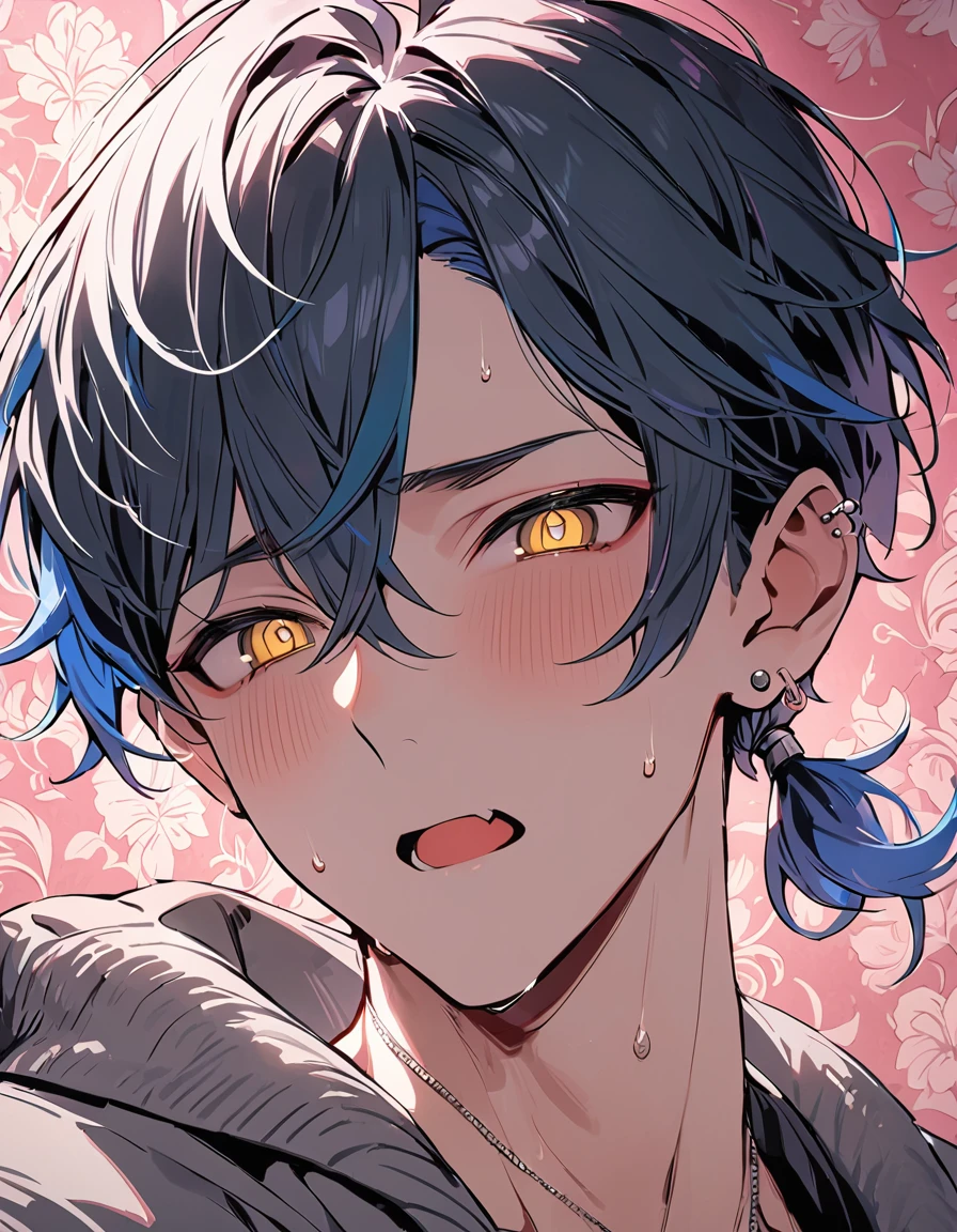 ((((best masterpiece, best quality, wallpaper,)))) solo, guy, male body, small muscles, flat chest, 1male, 30 years old, handsome man, dramatic angle, upper body, looking at viewers, beautiful detailed, mediumturquoise hair, ((((Lower short ponytail)))), asymmetrical bangs, ((short hair,)) blush stickers, sweat, (((perfect face, extremely detailed eyes,))) ((( jitome, gold eyes, ^o^, tareme, droopy eyes,))) perfect hands, sharp nose, clear face, black turtleneck, grey cardigan, ((silver piercing, pendant,)) leggings, pink background color ultrasharp, 8K, masterpiece,