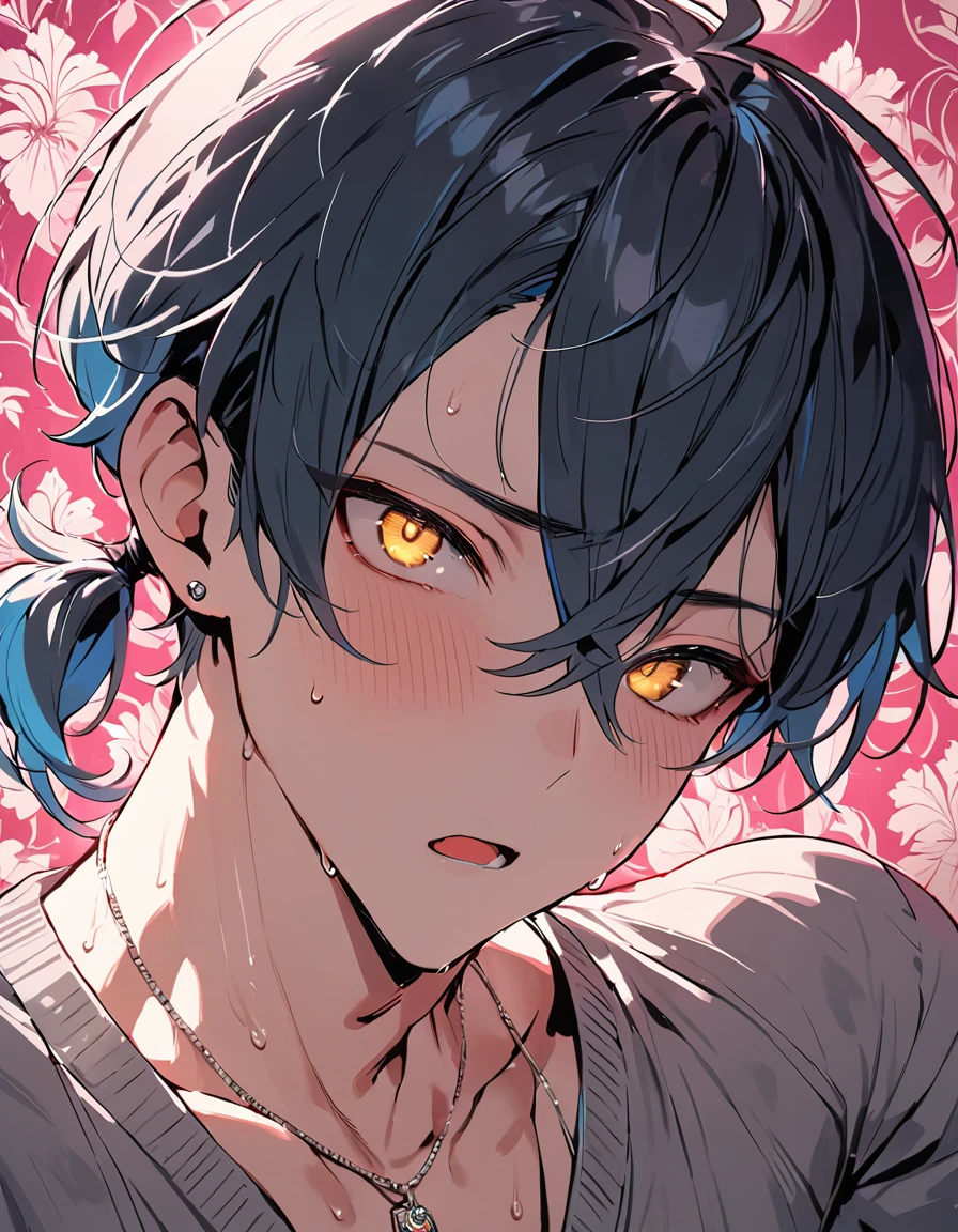 ((((best masterpiece, best quality, wallpaper,)))) solo, guy, male body, small muscles, flat chest, 1male, 30 years old, handsome man, dramatic angle, upper body, looking at viewers, beautiful detailed, mediumturquoise hair, ((((Lower short ponytail)))), asymmetrical bangs, ((short hair,)) blush stickers, sweat, (((perfect face, extremely detailed eyes,))) ((( jitome, gold eyes, ^o^, tareme, droopy eyes,))) perfect hands, sharp nose, clear face, black turtleneck, grey cardigan, ((silver piercing, pendant,)) leggings, pink background color ultrasharp, 8K, masterpiece,
