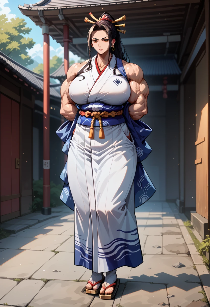 masterpiece, best quality), best resolution, yamato, earrings, hair stick, bare shoulders, japanese clothes, kimono, rope, sleeveless kimono, shimenawa, high ponytail, extreme muscular body, huge breasts, full body.