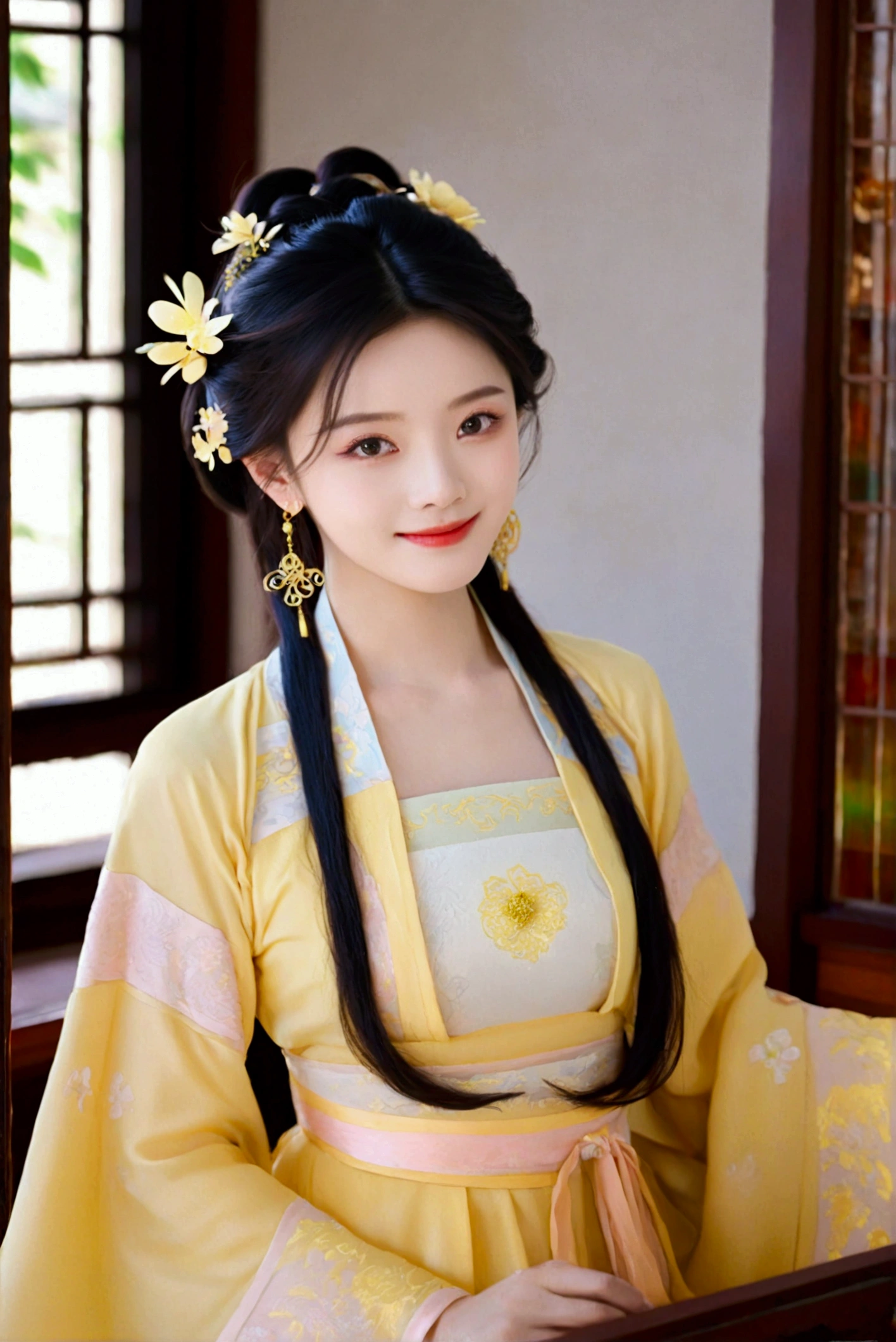 1girl, solo, looking at viewer, smile, black hair, hair ornament, dress, jewelry, upper body, flower, earrings, indoors, hair flower, black eyes, chinese clothes, realistic, yellow dress, hanfu