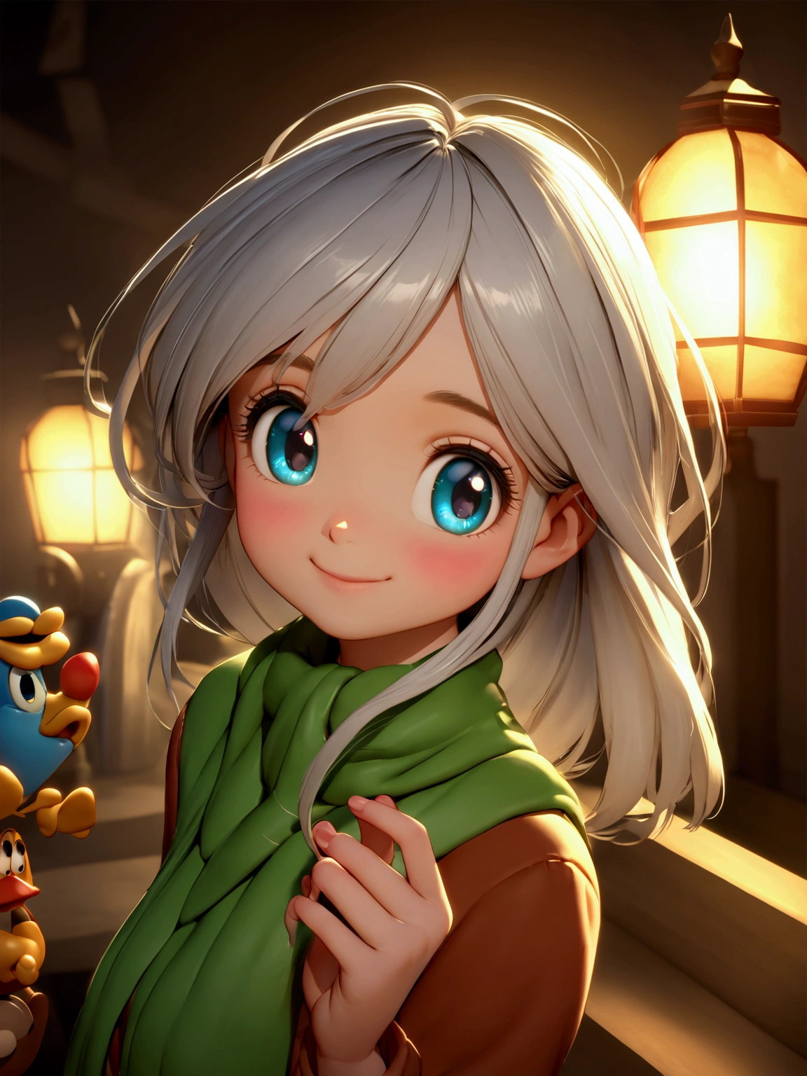 Image de style pixar avec personnage 3D lunettes de prescription blanches femme cheveux longs raides yeux marron foncé dansant, Maquillage disney,fisherman, mignon, smiling ,close, pixar, disney, Cinema lighting,