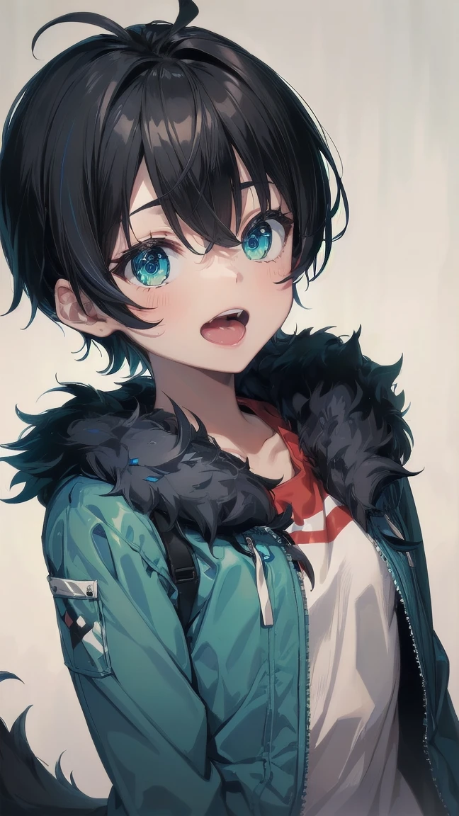 Close-up of a cartoon girl with blue hair and a yellow shirt, 2D Animation, 2D Animation style, 2D Art, 2D Art, 2D from Gorillaz, 2D from Gorillaz, 2D Gorillaz, Screaming Cerket, 2D Sprites, Jinx Face, short hair, Small breasts, hot pants, ((Black Hair, Bright blue fur inside:1.4))