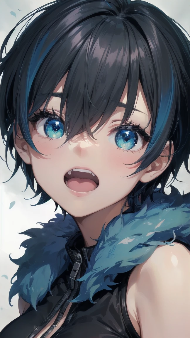Close-up of a cartoon girl with blue hair and a yellow shirt, 2D Animation, 2D Animation style, 2D Art, 2D Art, 2D from Gorillaz, 2D from Gorillaz, 2D Gorillaz, Screaming Cerket, 2D Sprites, Jinx Face, short hair, Small breasts, hot pants, ((Black Hair, Bright blue fur inside:1.4))