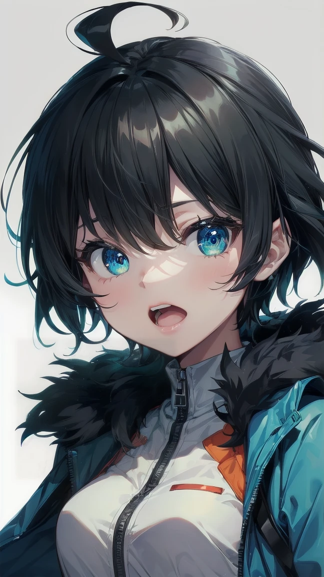 Close-up of a cartoon girl with blue hair and a yellow shirt, 2D Animation, 2D Animation style, 2D Art, 2D Art, 2D from Gorillaz, 2D from Gorillaz, 2D Gorillaz, Screaming Cerket, 2D Sprites, Jinx Face, short hair, Small breasts, hot pants, ((Black Hair, Bright blue fur inside:1.4))