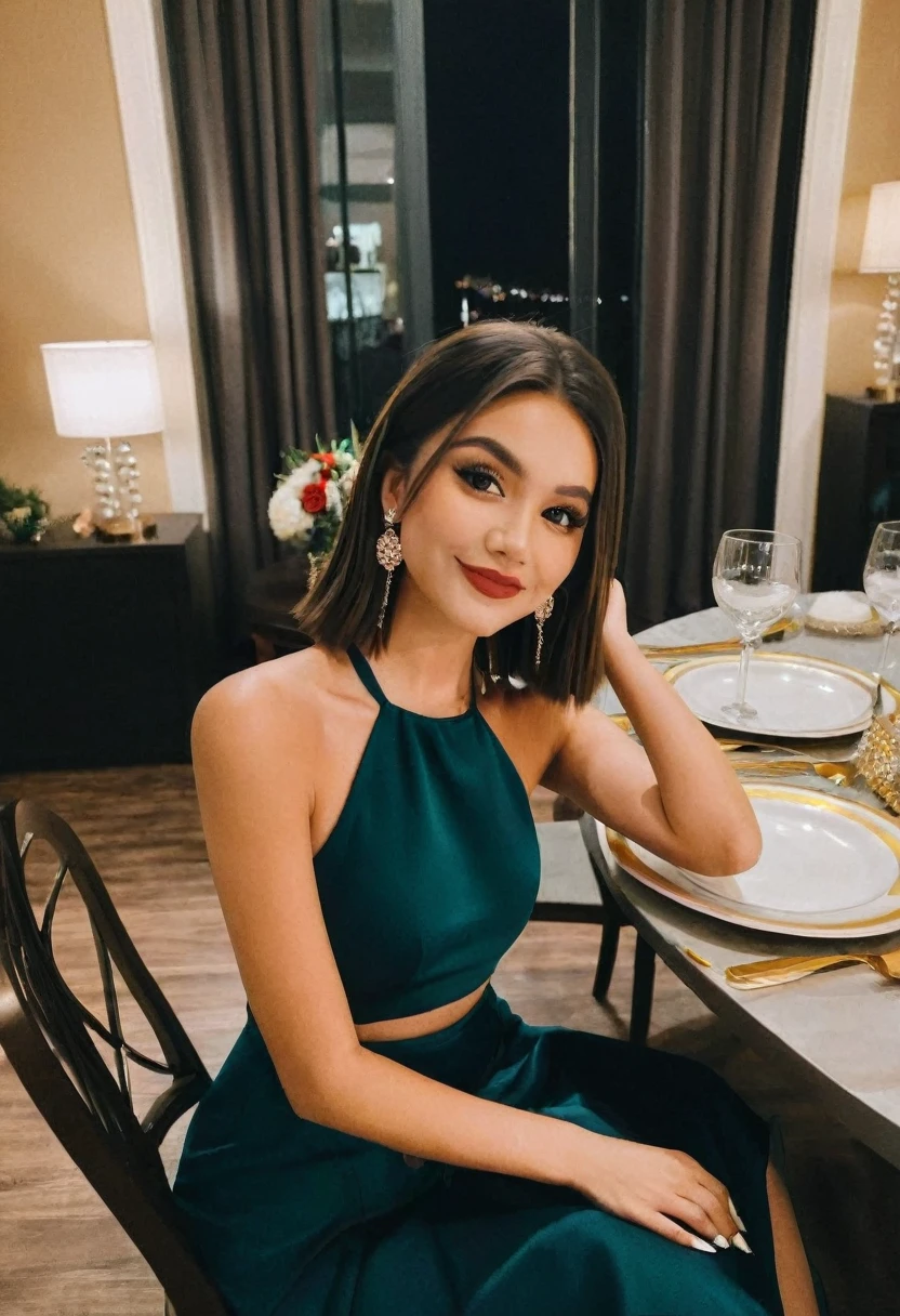 prom night party girl, selfie, sitting at round dining table, 2020, instagram, photo, halter neck  dressed, photo, dark
