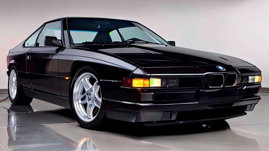 The image shows a black 1990 BMW 850CSI in a well-lit indoor environment. The car is in excellent condition and features the iconic BMW kidney grilles and retractable headlights. The wheels are multi-spoke alloy. The BMW emblem is visible on the hood.