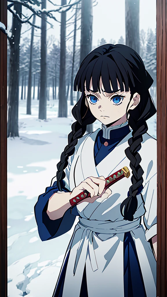Kimetsu no Yaiba style, 1 mature, girl, blue eyes, a hashira, pretty, long dark brown hair in braids, curtain bangs, annoyed expression, noble, Pillar Demon Slayer, holding a sword, wearing demon slayer uniform, holding a blue demon slayer sword, dark and snowy background