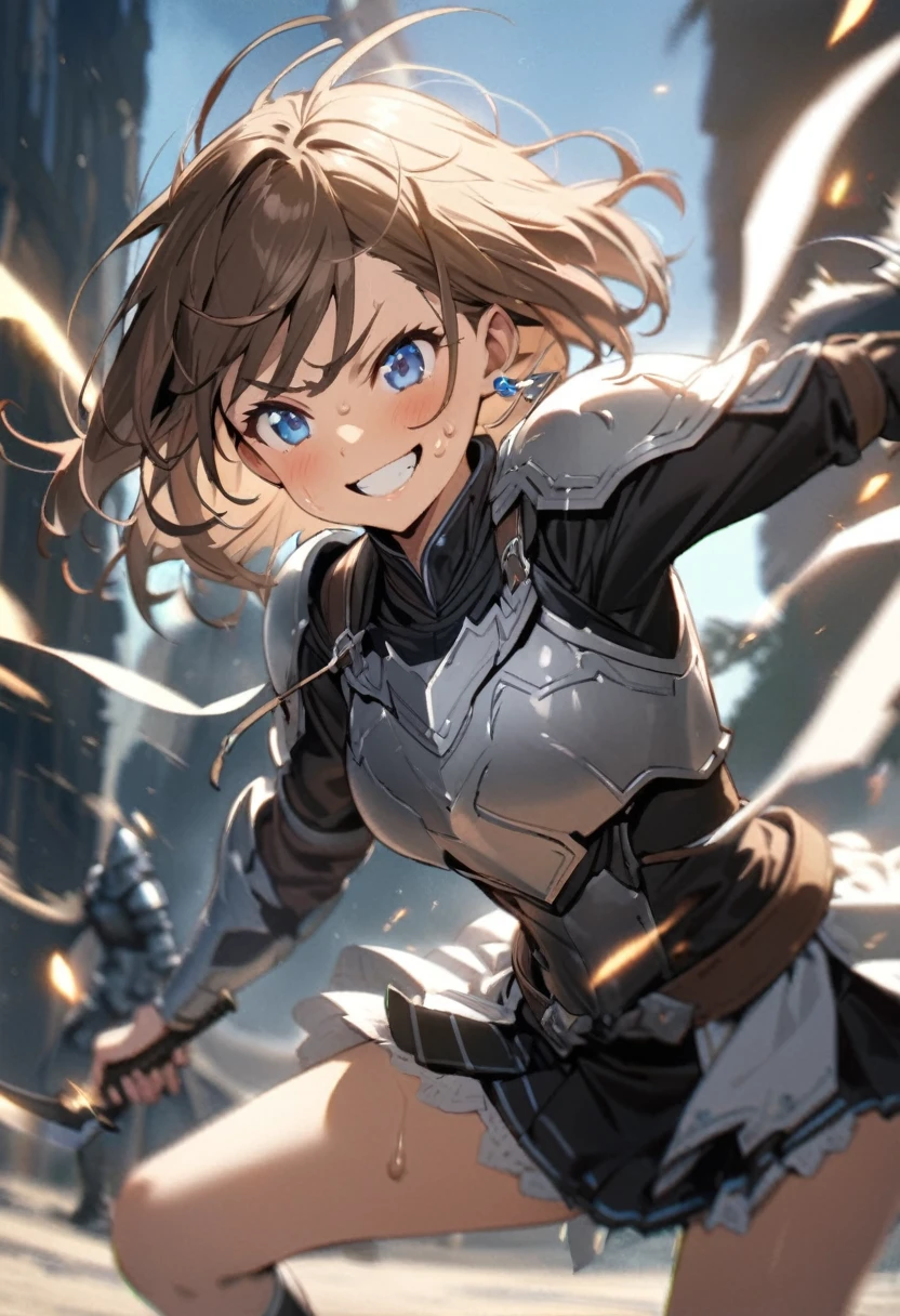 Brat, ((masterpiece)), High resolution, 、girl、 Brown Hair、Short Bob、((smile、Grin))、Excited、Sweating all over the body、Bright Blue Eyes、smile、((Grin))、Earrings、(((Ready your sword、side step)))、Sparks fly、Disturbed、Light、highlight、Motion Blur、Swordsman、Simple armor(mini skirt、wind lift:1.3)、Shallow depth of field、final battle、Fantastic