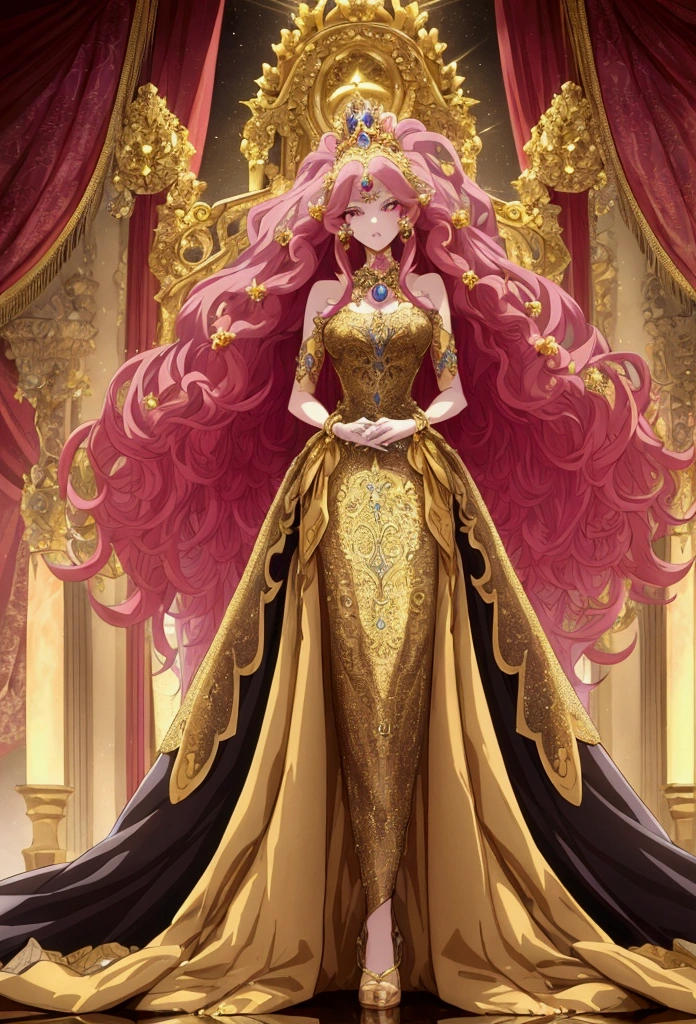 ((Anime art style)),(masterpiece),(best quality),(Super Detail),(Very refined),Solitary,((whole body,Standing posture)),Stand in the palace,((1 Queen in a gorgeous jeweled Rococo ball gown,With a wide full-length skirt)),(Crinolin),Gorgeous embroidery,((Gorgeous gemstone jewelry)),Detailed face and eyes,Gemstone eyes,((Lots of straight hair,extremely long voluminous Hair)),((,long ,Skin Indentation)),Gorgeous embroidery,cleveage,Extremely gorgeous full hair accessory,(Very gorgeous jewel-encrusted headdress),Gorgeous corsage,(Dynamic Angle),Looking at the audience,((whole body))