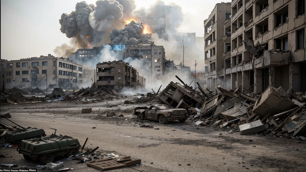 A fierce confrontation in the devastated streets of Stalingrad. German soldiers advance through the rubble, facing fierce resistance from Soviet defenders. The surrounding buildings are in ruins, and the atmosphere is heavy with smoke and debris. In the cloudy sky, fighter planes fly low, adding a sense of chaos and destruction to the battle scene.