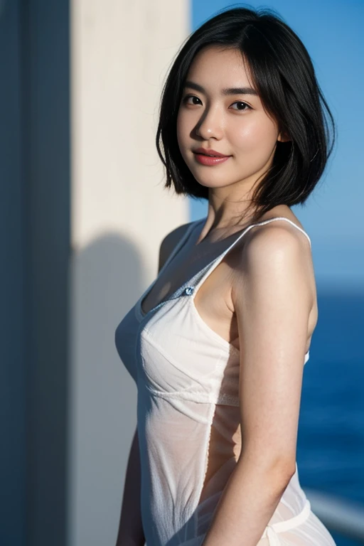 One woman、Amazingly beautiful、Strong Aboist black hair、Bob Hair、Extremely short hair、Ultra detailed face、Lips Detail、Detailed eyes、double eyelid、Highest quality、masterpiece、Shiny skin、Solar flare、Award-winning photography、Healthy Body、Uplifting、Real、Realな顔、dramatic、dark、Sharp Focus、8K、20-year-old、Full body photo(Highest quality、8K、masterpiece:1.3)、Sharp Focus:1.2、Beautiful woman with perfect figure:1.4、Chubby body type、Small belly:1.2、(Layered Hairstyles:1.2)、maximum:1.3、Pure white bra、Pure white panties、(distance:1.5)、Moist body:1.1、Extremely delicate facial and skin texture、Fine grain、Sexy crotch、Real Skin、Real eyebrows、Beach、VistaWave、coco、Evening Light、Model posing on the catwalk、Gaze towards the viewer。Large Breasts、Thighs、Thighs、