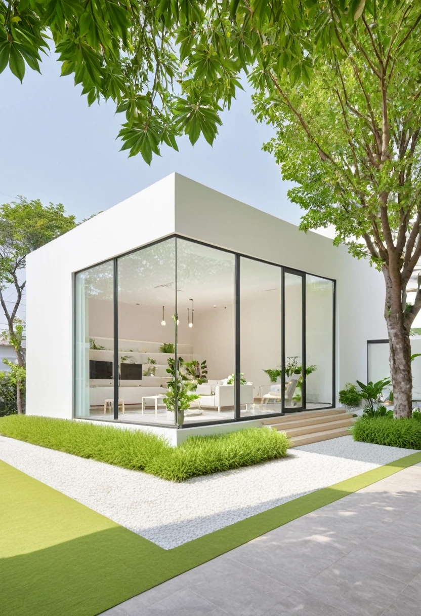 A modern one-story house with a small furniture showroom, with a facade less than 5 meters wide. The design includes large glass windows and doors, vertical display shelves, large mirrors, and well-placed lighting inside the showroom. The exterior features white and pastel tones with integrated green plants. The house is located on a street corner with a sidewalk and trees, providing a welcoming atmosphere. The showroom layout is organized for easy movement and optimal product visibility
