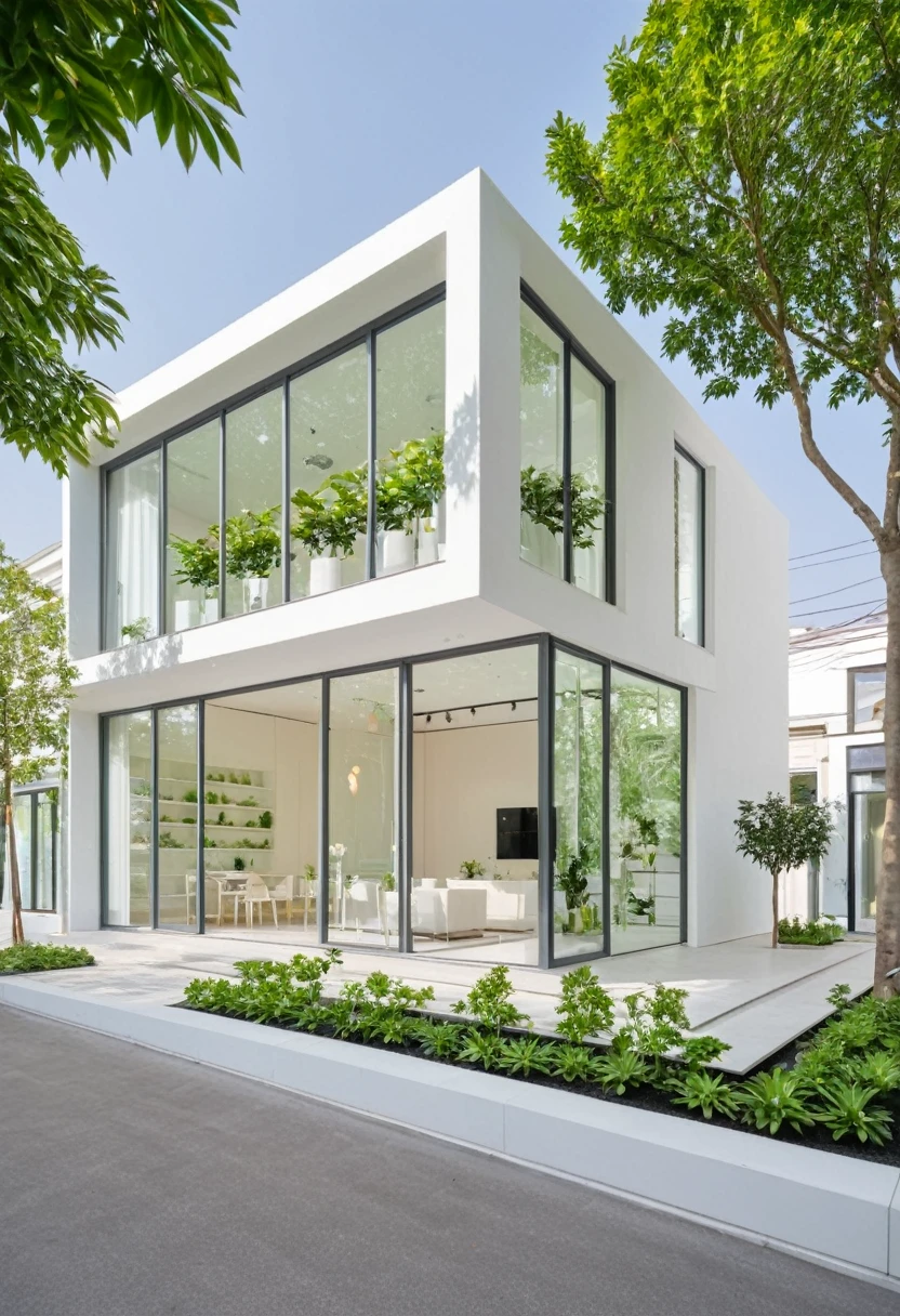 A modern one-story house with a small furniture showroom, with a facade less than 5 meters wide. The design includes large glass windows and doors, vertical display shelves, large mirrors, and well-placed lighting inside the showroom. The exterior features white and pastel tones with integrated green plants. The house is located on a street corner with a sidewalk and trees, providing a welcoming atmosphere. The showroom layout is organized for easy movement and optimal product visibility
