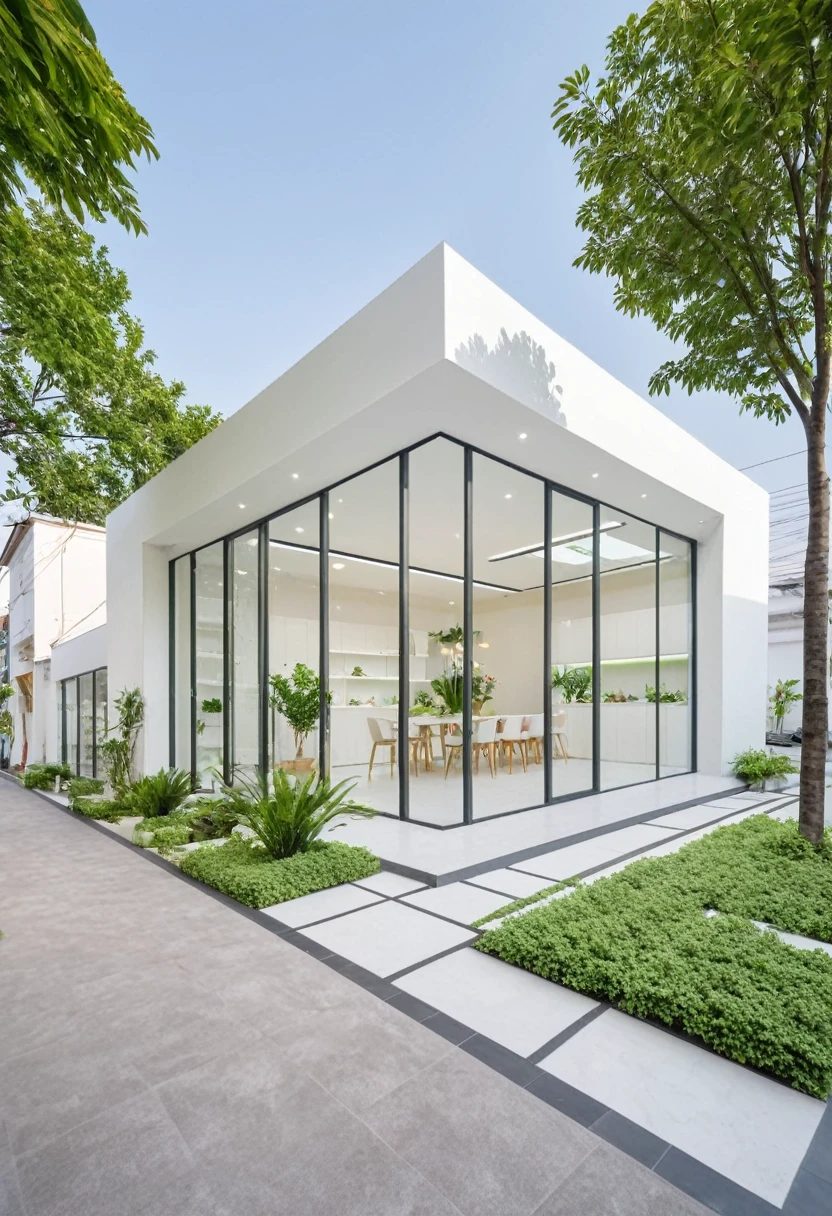 A modern one-story house with a small furniture showroom, with a facade less than 5 meters wide. The design includes large glass windows and doors, vertical display shelves, large mirrors, and well-placed lighting inside the showroom. The exterior features white and pastel tones with integrated green plants. The house is located on a street corner with a sidewalk and trees, providing a welcoming atmosphere. The showroom layout is organized for easy movement and optimal product visibility
