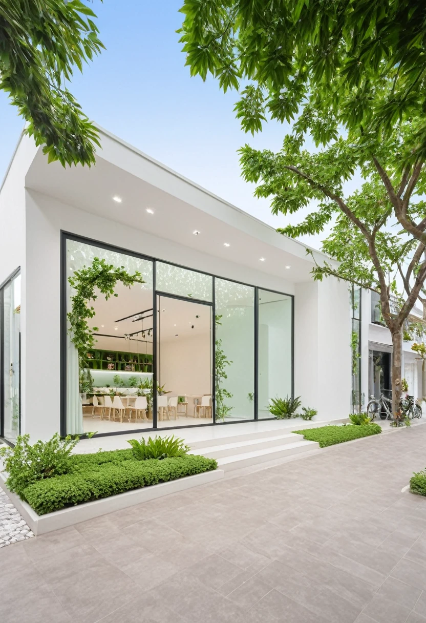 A modern one-story house with a small furniture showroom, with a facade less than 5 meters wide. The design includes large glass windows and doors, vertical display shelves, large mirrors, and well-placed lighting inside the showroom. The exterior features white and pastel tones with integrated green plants. The house is located on a street corner with a sidewalk and trees, providing a welcoming atmosphere. The showroom layout is organized for easy movement and optimal product visibility