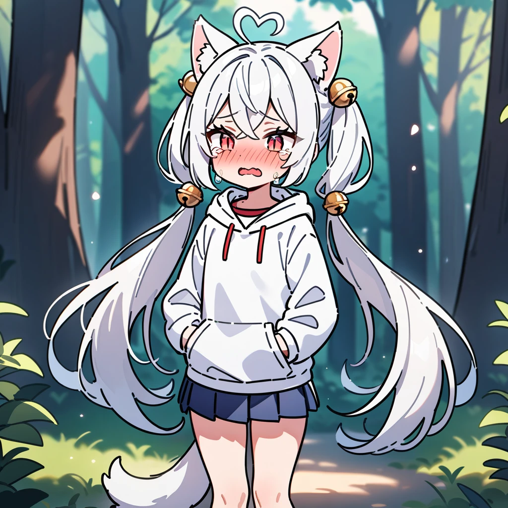 (masterpiece:1.2,high quality),8K,High resolution,A seven-year-old girl,cute girl,white hair,very long hair,twintails,hair bell,crossed bangs,red eyes,slit pupils,heart ahoge,cat ears,full-face blush,embarrassed,crying,tears,Wearing a white hoodie,Dark blue pleated skirt,Stand in the forest,There are flowering trees on both sides.,primary school student,thigh,alone,dog tail,(Put your hands in your pockets),((Put your hands in your pockets))