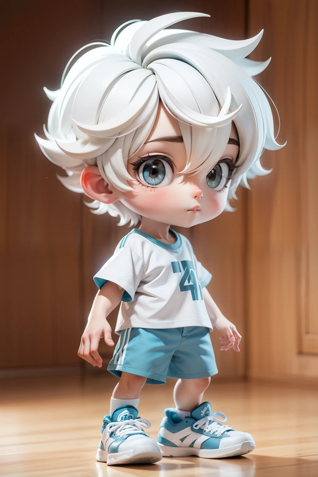 White short-haired boy, white short-sleeved shirt, blue shorts, white sneakers