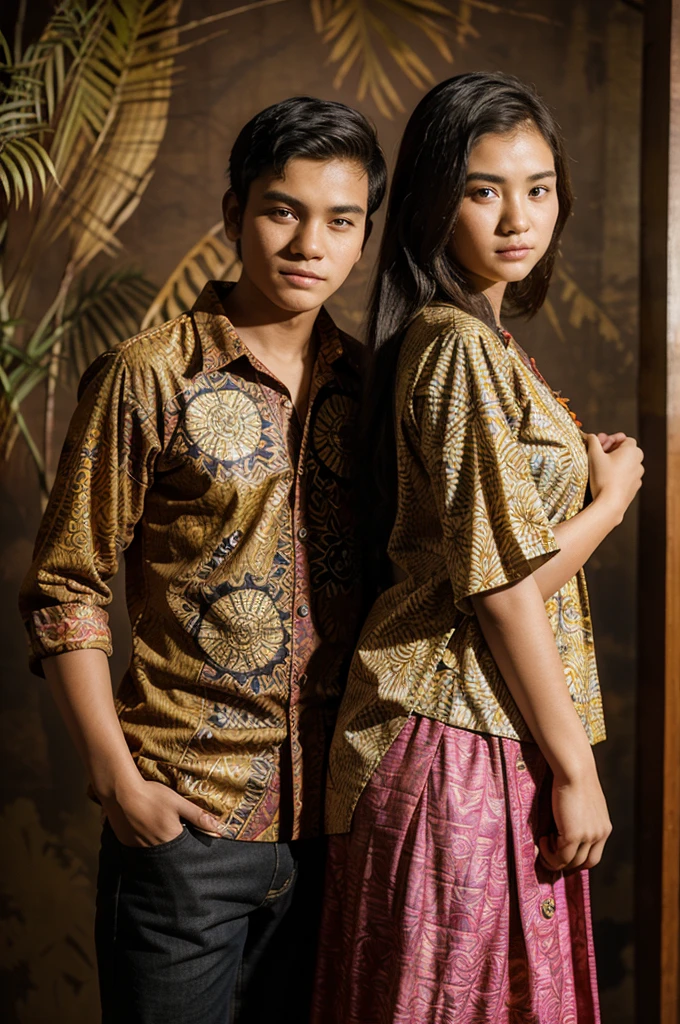 An 18 year old man wearing batik clothes, a 16 year old woman wearing national batik clothes, standing pose, while embracing, studio room background, Realistic, original photo