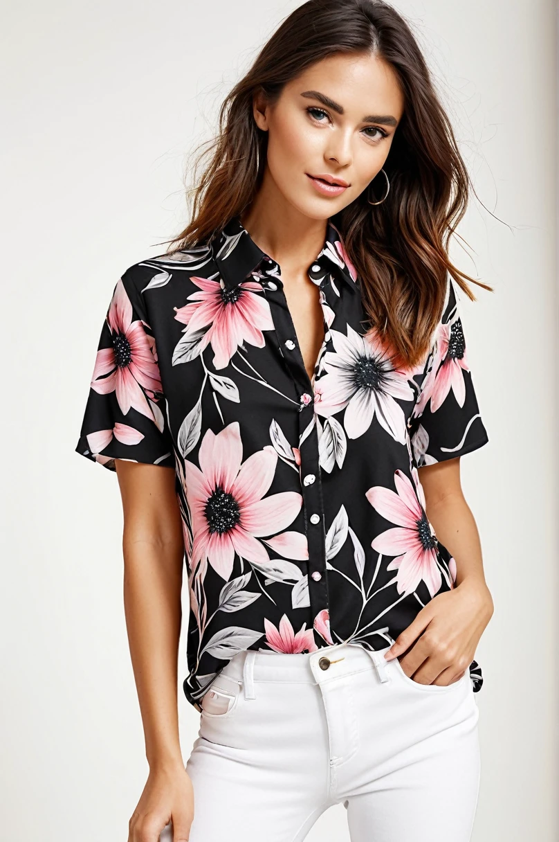 Photo Print　Color: Black　Stylish floral patternＴshirt　The floral pattern is detailed　Petals falling