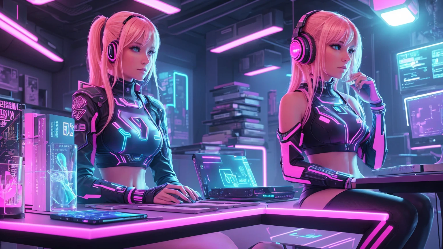 "A blonde cyberpunk woman is sitting at a study table in a futuristic room with neon pink lights. She wears technological clothes with neon details and has large, modern headphones. Around her are holograms and advanced electronic devices. The environment It is lit by soft, colorful lights, creating a cozy, lofi atmosphere. The young woman is focused on her studies, with books, notebooks and a holographic screen in front of her, while lofi music plays in the background, completing the scene with a touch of tranquility. and futurism.
