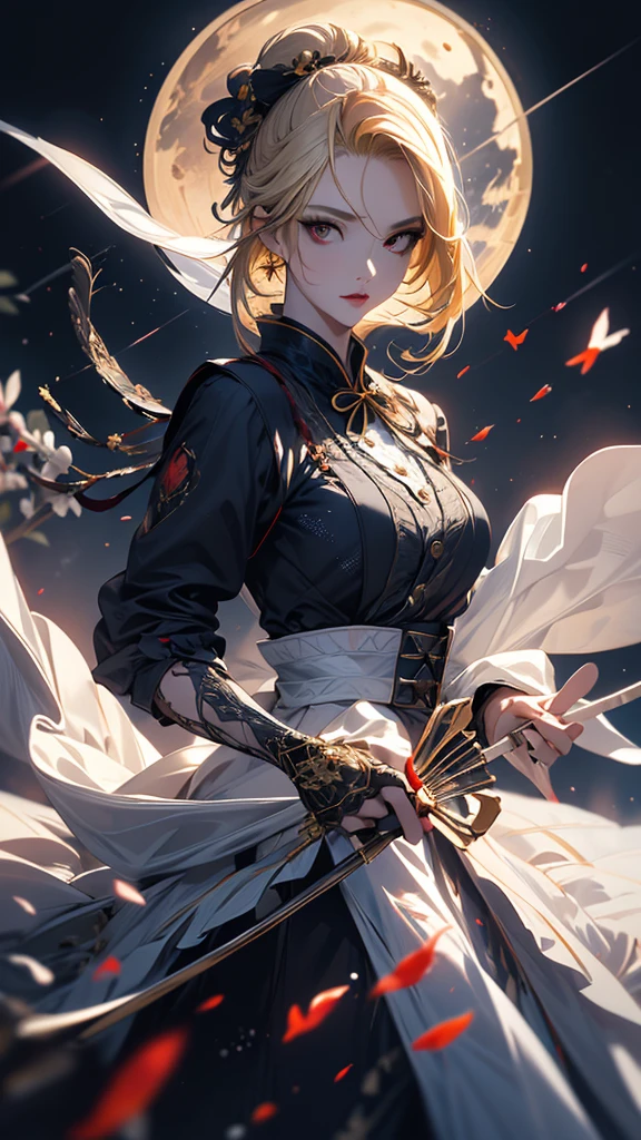 masterpiece, high quality, 4K, Beautiful design, silhouette，blonde， 非常に詳細な夜のStarry Sky,Flower Field， wonderful, Finer details,  Very knowledgeable woman, Highly detailed solo, 1 female,Red eyes，Big Breasts，White Lolita Fashion，fan，Night view，Starry Sky，full moon，
