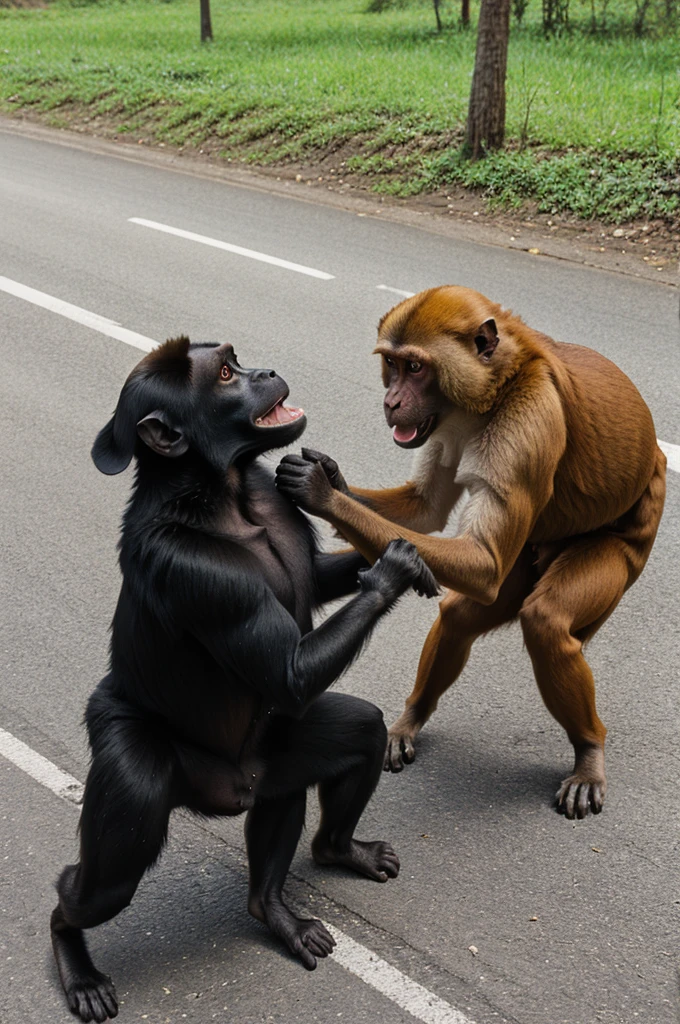 A road side there was a monkey and dog doing fight for food