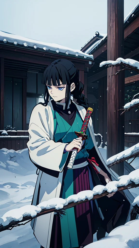 Kimetsu no Yaiba style, 1 mature, girl, blue eyes, a hashira, pretty, long dark brown hair in braids, curtain bangs, annoyed expression, noble, Pillar Demon Slayer, holding a sword, wearing demon slayer uniform, holding a blue demon slayer sword, dark and snowy background