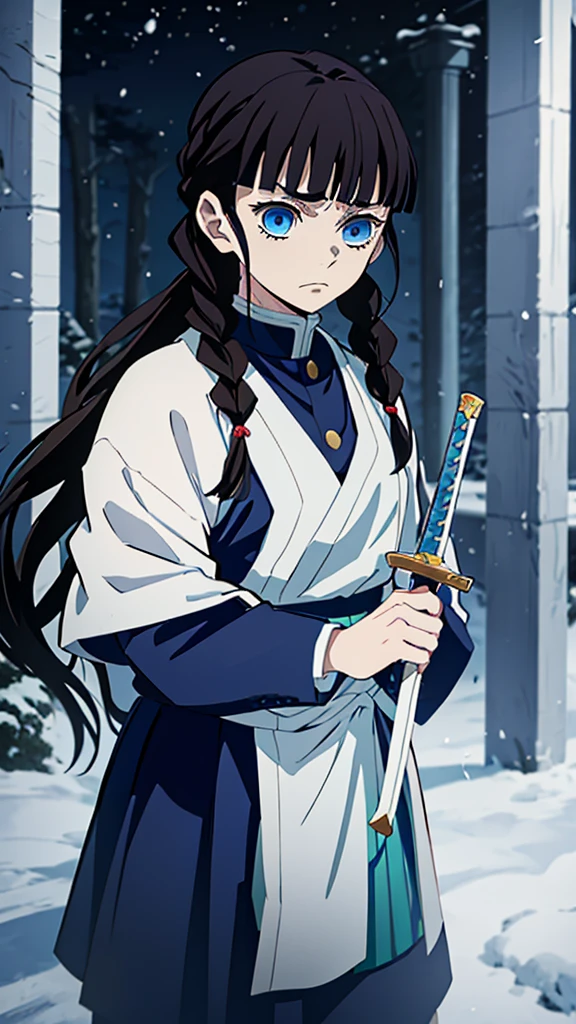 Kimetsu no Yaiba style, 1 mature, girl, blue eyes, a hashira, pretty, long dark brown hair in braids, curtain bangs, annoyed expression, noble, Pillar Demon Slayer, holding a sword, wearing demon slayer uniform, holding a blue demon slayer sword, dark and snowy background