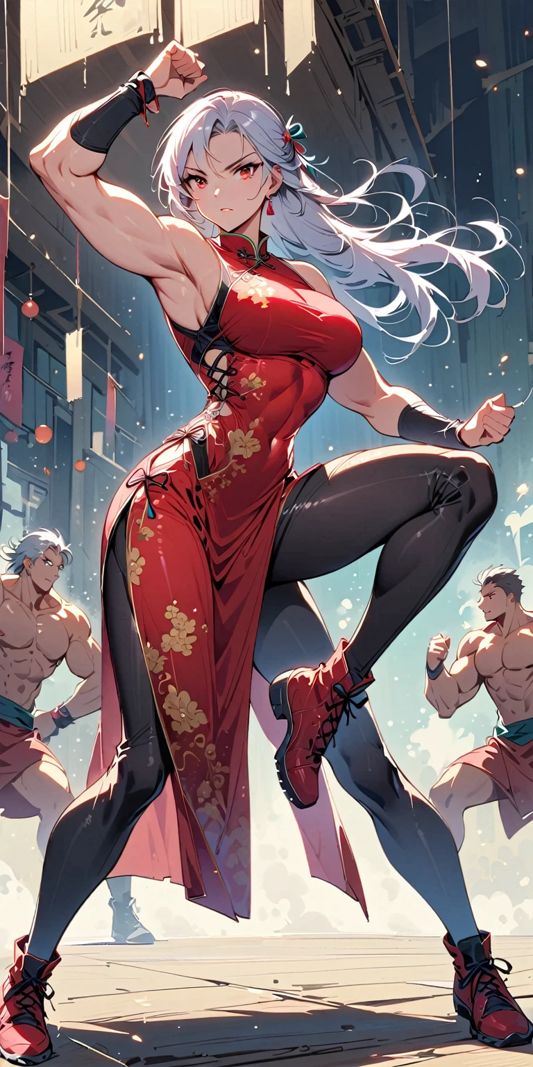 tall beautiful  muscular woman and doing a knee strike, six pack, no men in background , silver hair and red eyes, Chinese dress,  and leggings, full body portrait