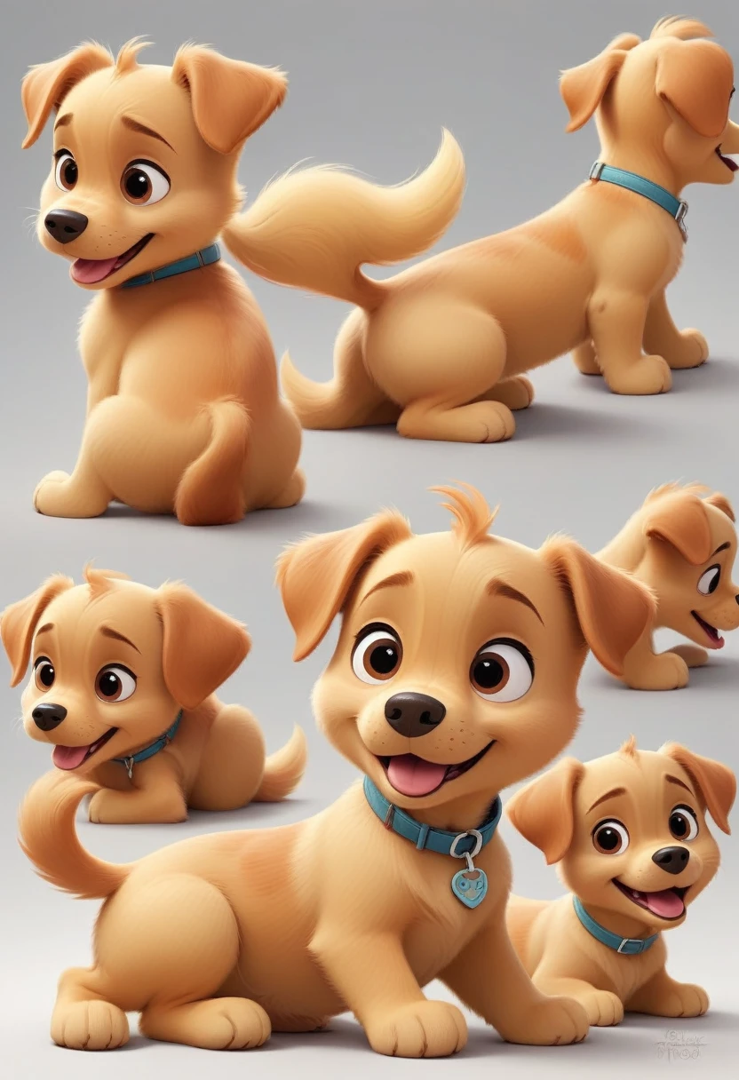 small puppy, puppy, multiple poses and expressions, white background, children's book illustration style, disney pixar style, 3D, simple, cute, short yellow fur all over, bright colors, tail curled up, Pixar masterpiece, drawing Nickelodeon cartoon, intricate details, sitting on the floor, sideways, head in profile, looking up, expression of happiness, smiling