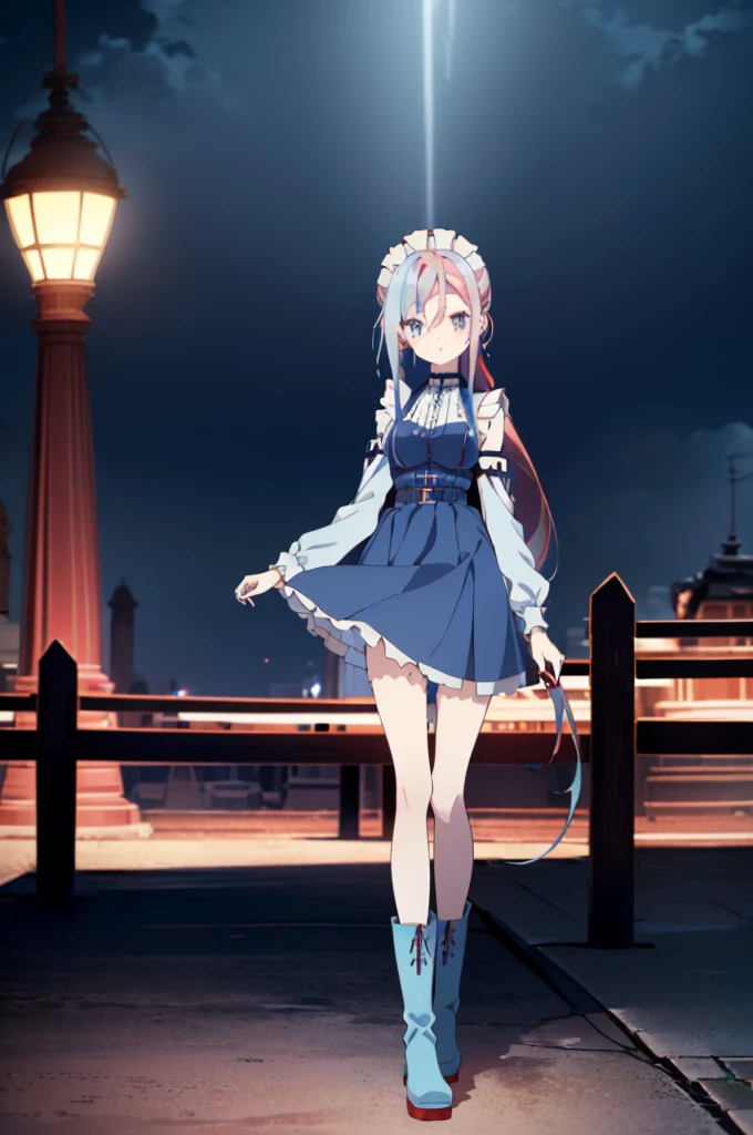 ((split-color hair , red hair , light blue hair)),((split-color hair , red hair , light blue hair)),[(cathedral background:1.4)::5],original,(illustration:1.1),(best quality),(masterpiece:1.1),(extremely detailed CG unity 8k wallpaper:1.1), (colorful:0.9),(mid shot:0.95),(full body:1.5),Dynamic angle,(solo:1.2), (girl),((adult)), (detailed beautiful eyes:1.15), (beautiful face:1.15), (glowing red eyes:1.25////),((medium hair)),((split-color hair , red hair , light blue hair)),(high twintails),(chignon),(+perfect hand+:1.21),(Draw an illustration of a gothic girl),(Religious),(slender),(is wearing boots on her feet),((is wearing white maid clothes)),(furious), Lace Off-shoulder lolita fashion,beautiful slender woman,high twintails,full body,mini skirt,((split-color hair , red hair , light blue hair)),((black long boots)),((mini skirt)),((adult)),((dynamic angle)),