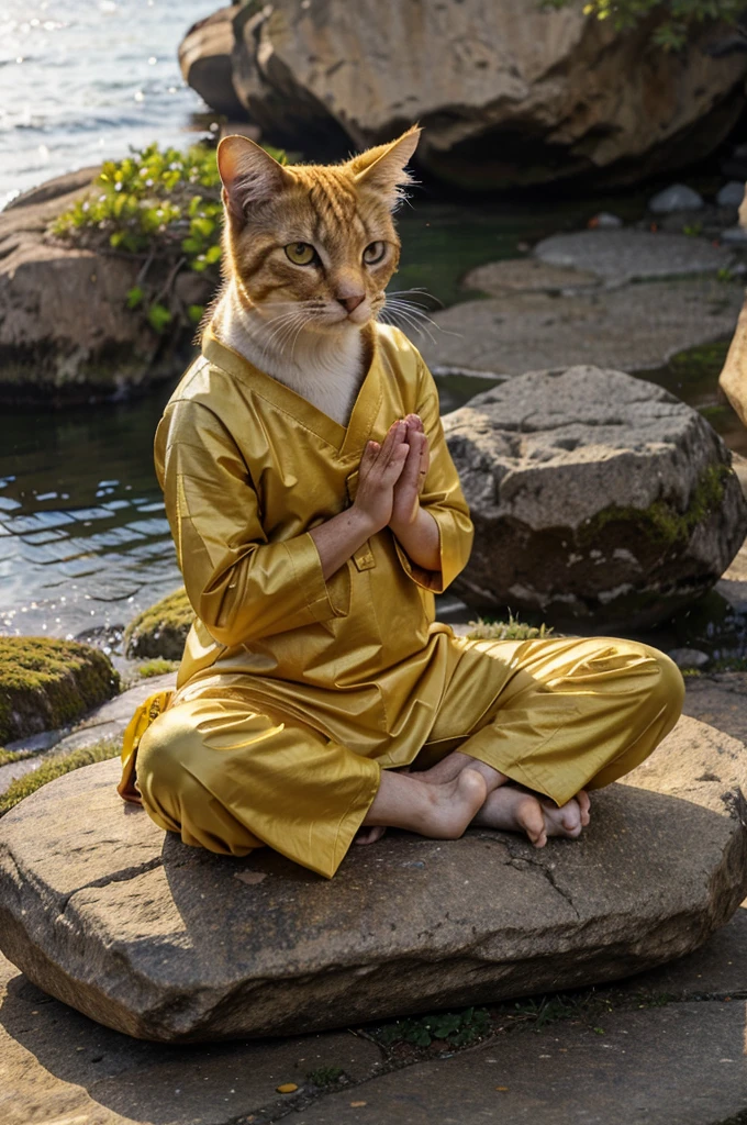 Realistic image of a yellow-furred cat wearing Buddhist-style clothes sitting on a rock with his hands as if he were meditating on a large rock