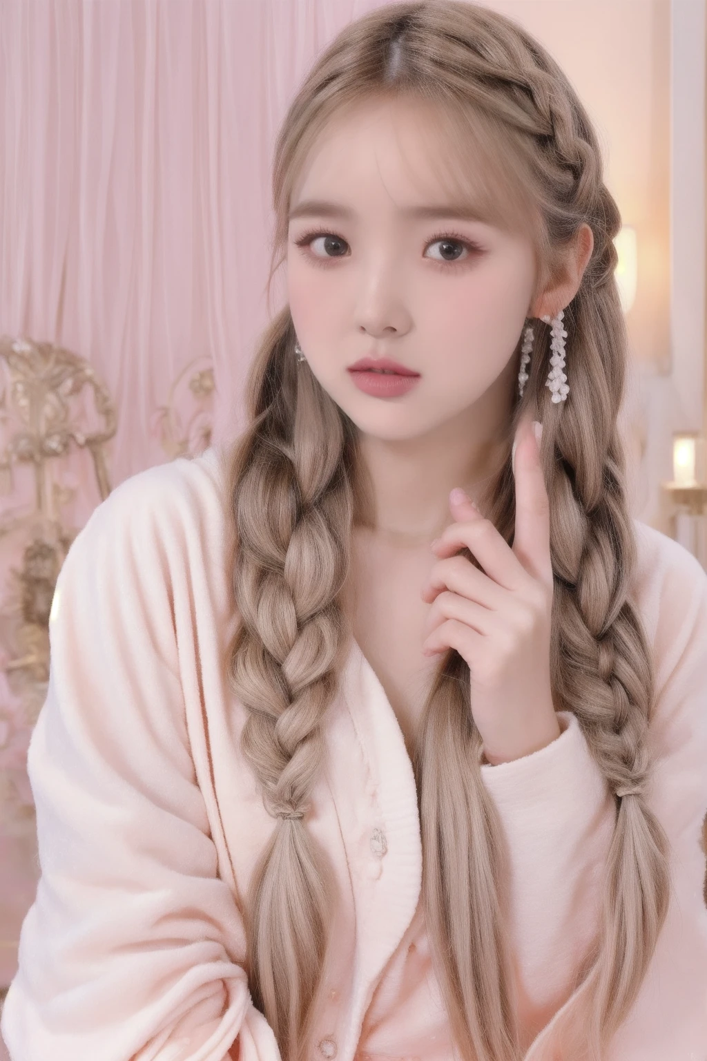 In a minimalist indoor setting, a portrait of a single girl is captured. She is adorned in a fruit-patterned robe, her long hair styled in a braid. The scene is illuminated with diffused lighting, creating a soft and gentle ambiance. The color palette, dominated by pastel tones of white and pink, adds to the innocent and youthful vibe of the portrait. The focus is on aesthetic beauty and softness, with the girl giving a V victory sign, adding a playful touch to the composition. The image is captured in high resolution, ensuring every detail, from the intricate patterns on her robe to the gentle expression on her face, is rendered with clarity and precision.
