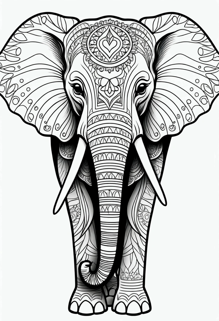 coloring page, mandala elephant, cartoon style, thick lines, line art, in black and white. Transparent background