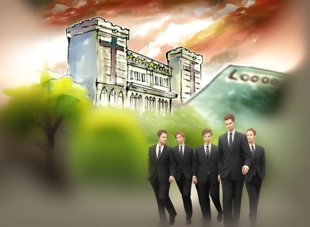 seven guys in suits walking, trees, bushes