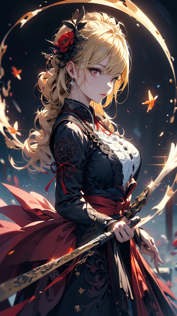 masterpiece, high quality, 4K, Beautiful design, silhouette，blonde， 非常に詳細な夜のStarry Sky,Flower Field， wonderful, Finer details,  Very knowledgeable woman, Highly detailed solo, 1 female,Red eyes，Big Breasts，Gothic Lolita Fashion，fan，Night view，Starry Sky，full moon，