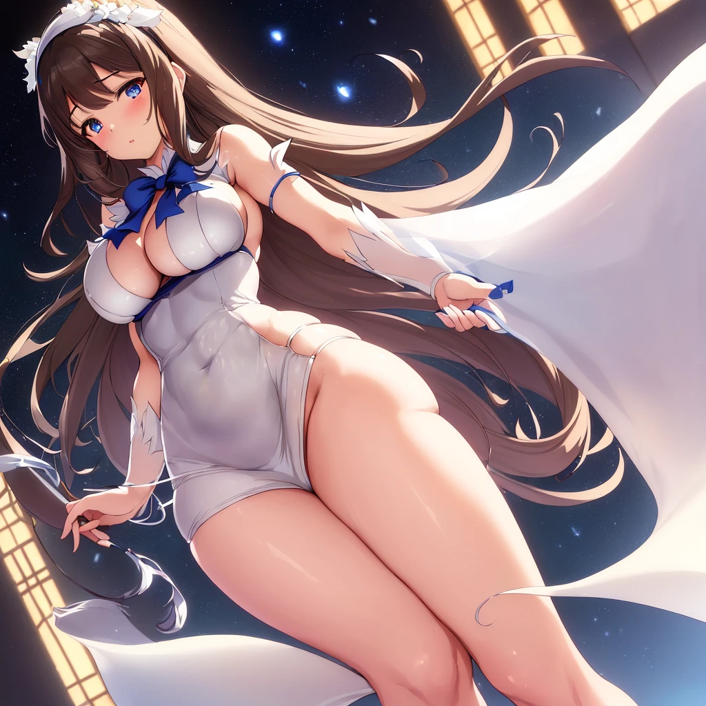 Illustration, Hestia, Is It Wrong to Try to Pick Up Girls in a Dungeon?, anime girl, long brown hair (curly, and with a few loose strands), sweet expression (with a hint of shyness), white and blue dress (flowy, and with a few ribbons), large breasts (34C, firm, and perky), curvy figure (hourglass, 24-inch waist, and 36-inch hips), toned legs (shapely thighs, 22 inches, and slender ankles, 7 inches), smooth skin (porcelain-like complexion, with a subtle sheen), delicate feet (size 7, with painted pink toenails), intricate details (dainty fingers, with a few rings), dynamic pose (leaning forward, with one hand on her hip), soft lighting (warm, and with a few highlights), 4k, high resolution, ultra high resolution, intricate detail, detailed texture, cute atmosphere, solo character, single figure