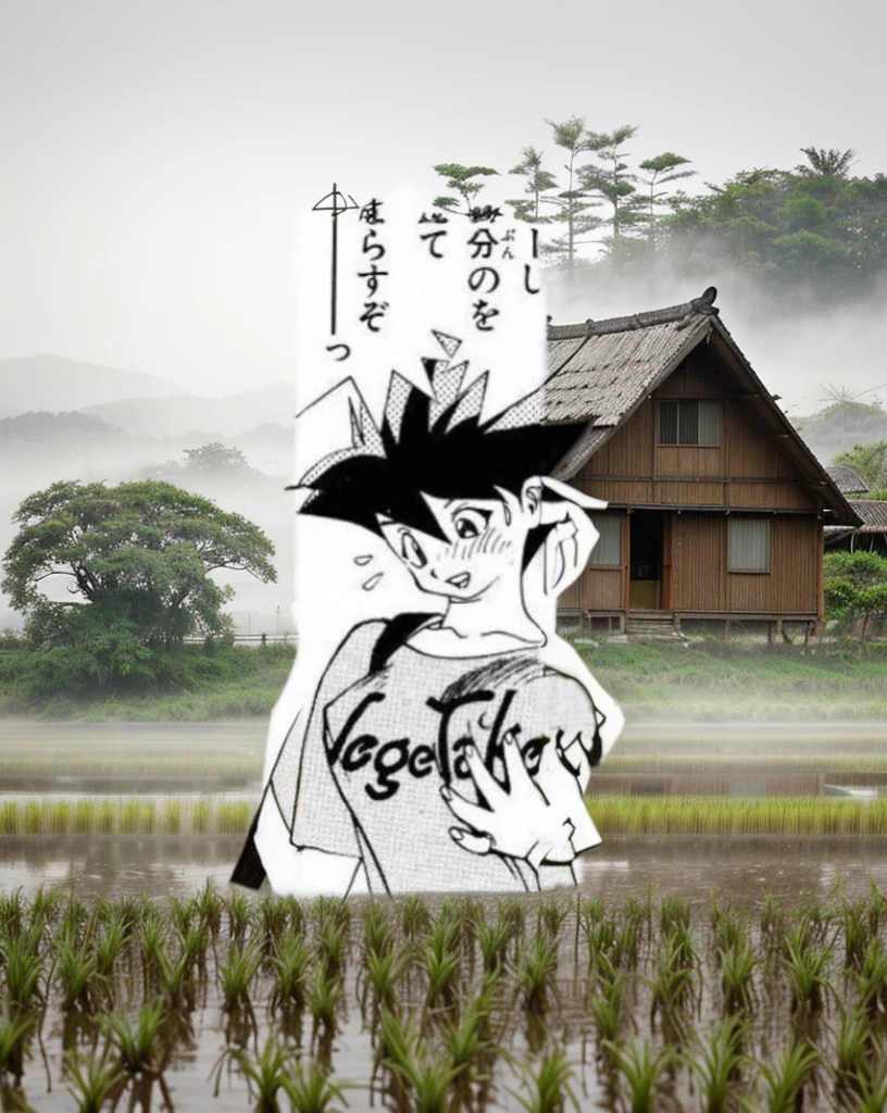 a man walking through rice fields, a hut with rice fields in the background, rice fields, beautifully planted rice seedlings in the rice fields, misty rain, village, agriculture, quiet rural landscape, misty weather, vast peaceful landscape, early morning, morning mist, behind a small village, mist, japanese countryside, thatched roof