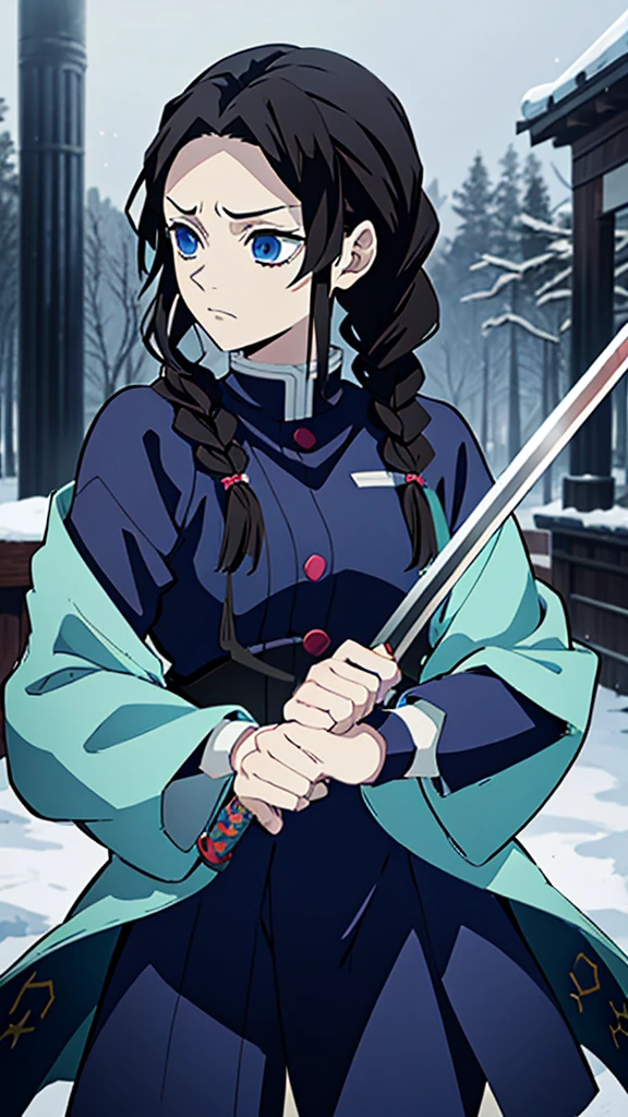 Kimetsu no Yaiba style, 1 mature, girl, blue eyes, a hashira, pretty, long dark brown hair in braids, curtain bangs, annoyed expression, noble, Pillar Demon Slayer, holding a sword, wearing demon slayer uniform, holding a blue demon slayer sword, dark and snowy background