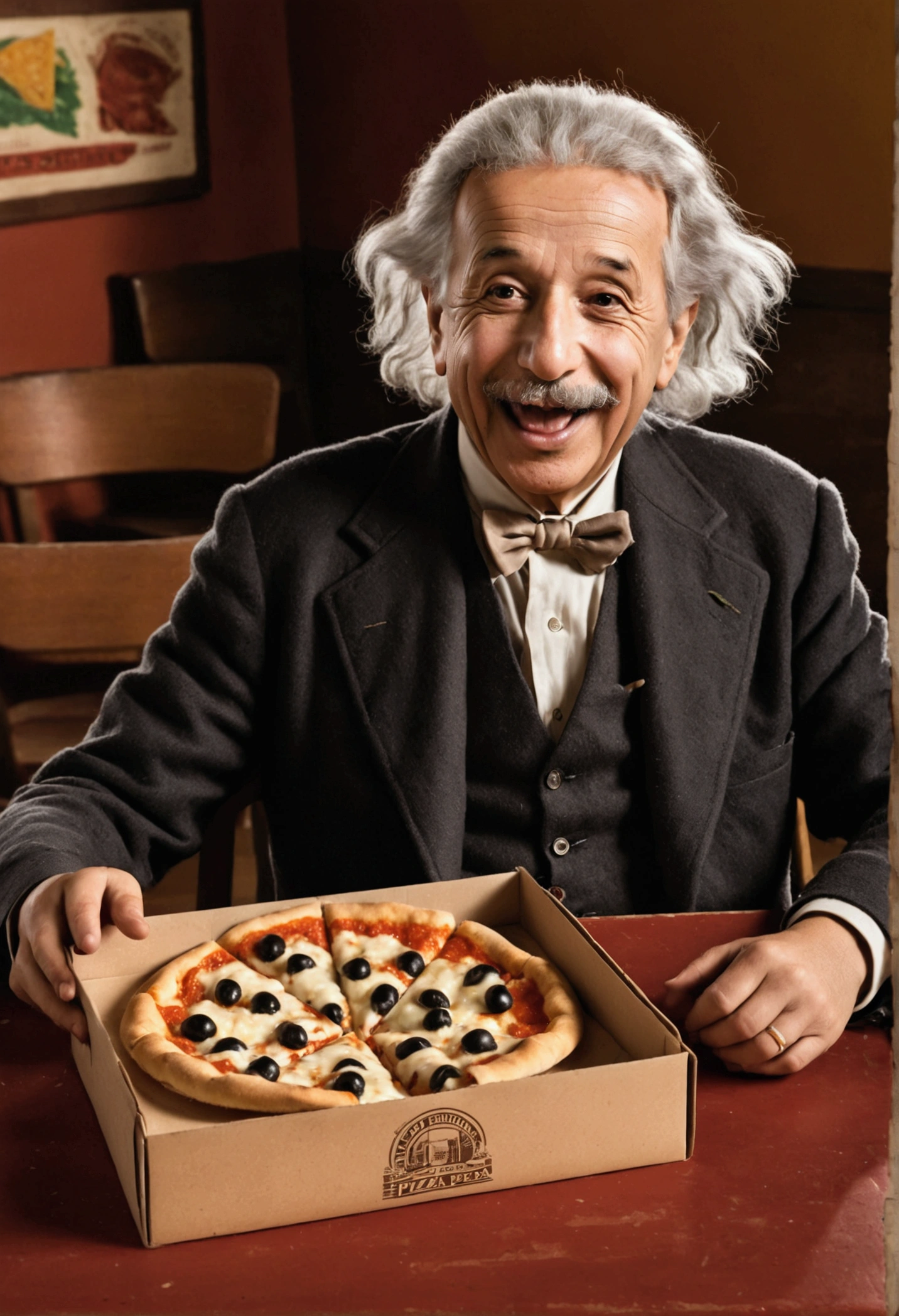 A cinematic illustration of Albert Einstein sitting at a table with a pizza box in front of him, laughing and enjoying your lunch. The box displays "TODAY THERE'S VAGÃO PIZZA AND 60 MORE FLAVORS WITH ONE PRICE" and the Serra Alta pizzeria is highlighted. The atmosphere is warm and welcoming, with a touch of vintage, while Albert Einstein enjoys its 60 unique flavors.