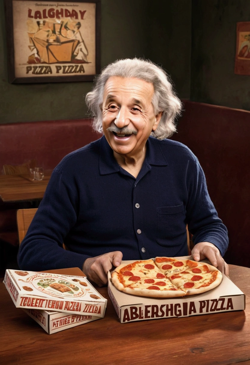 A cinematic illustration of Albert Einstein sitting at a table with a pizza box in front of him, laughing and enjoying your lunch. The box displays "TODAY THERE&#39;S VAGÃO PIZZA AND 60 MORE FLAVORS WITH ONE PRICE" and the Serra Alta pizzeria is highlighted. The atmosphere is warm and welcoming, with a touch of vintage, while Albert Einstein enjoys its 60 unique flavors.