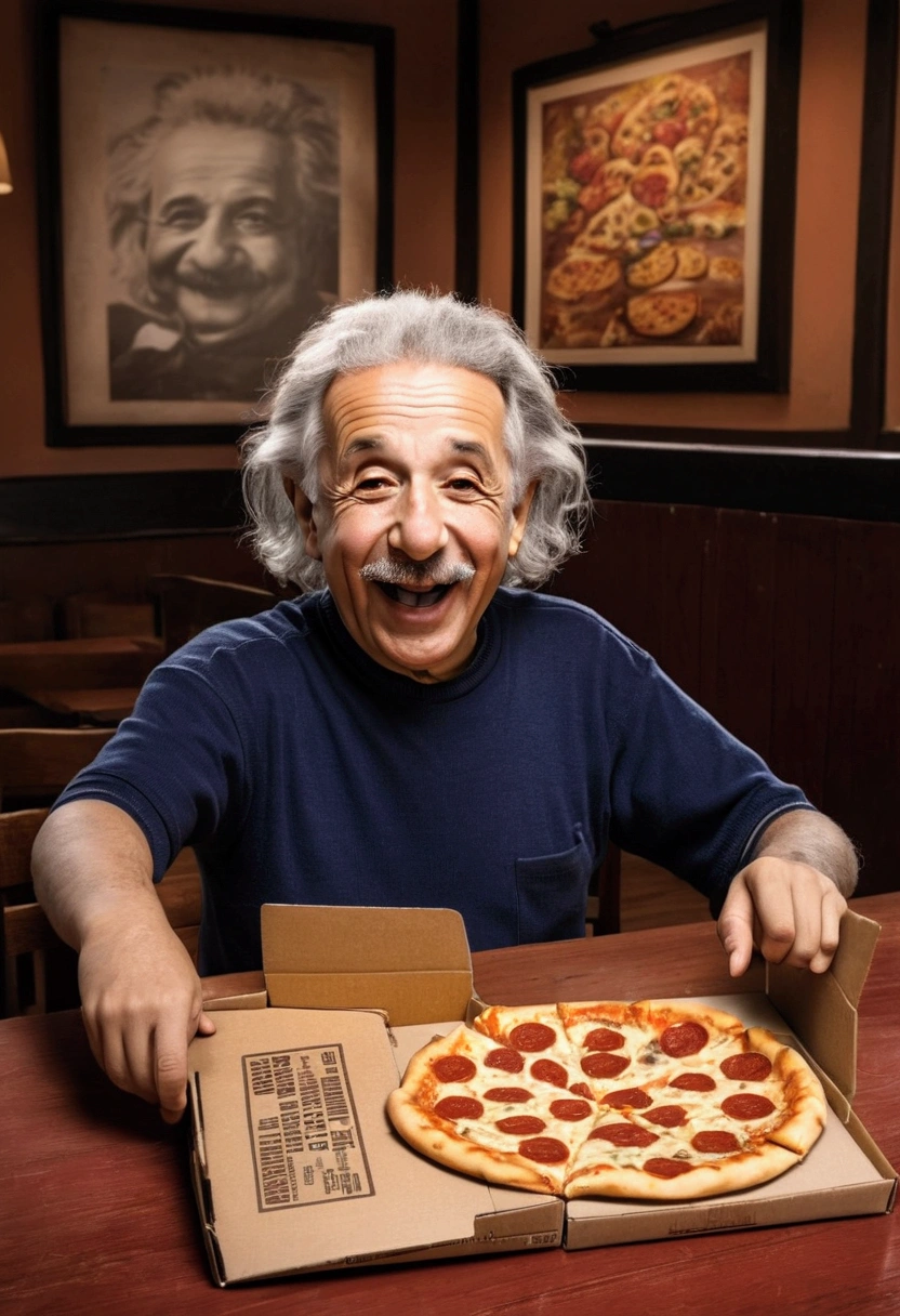 A cinematic illustration of Albert Einstein sitting at a table with a pizza box in front of him, laughing and enjoying your lunch. The box displays "TODAY THERE'S VAGÃO PIZZA AND 60 MORE FLAVORS WITH ONE PRICE" and the Serra Alta pizzeria is highlighted. The atmosphere is warm and welcoming, with a touch of vintage, while Albert Einstein enjoys its 60 unique flavors.