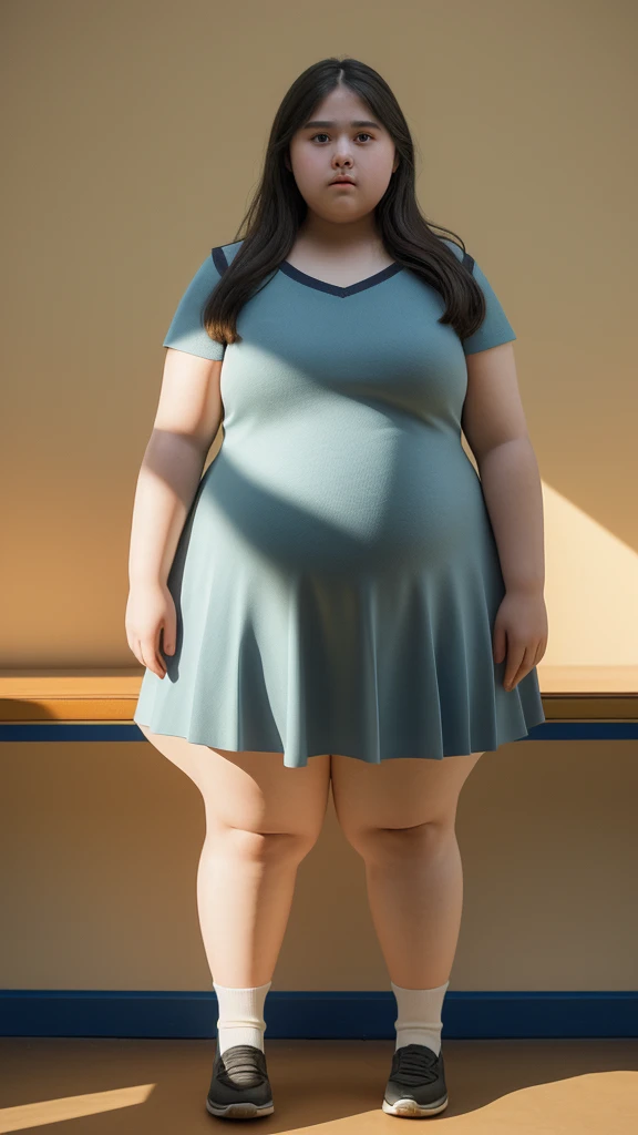 a 10 year old obese girl, chubby cheeks, round face, double chin, thick arms and legs, wearing a , standing in a school setting, realistic, detailed, highly detailed, intricate details, photorealistic, 8k, masterpiece, cinematic lighting, dramatic shadows, vibrant colors