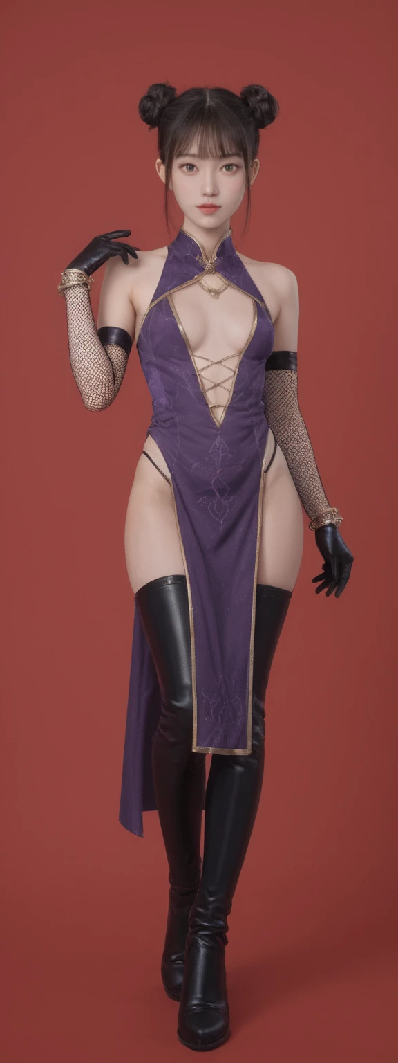 realistic,score_9, score_8_up, score_7_up, red background,1girl,solo,looking at viewer,standing,cowboy shot,small breasts,purple dress,cleavage cutout,jewelry,pelvic curtain,animal ears,double bun,elbow gloves,fishnet gloves,bracelet,thigh boots,