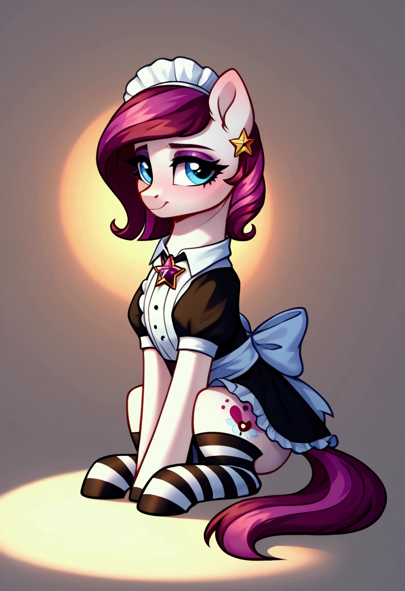 score_9,score_8_up,score_7_up,score_6_up, ((my little pony)), radiant lighting, vibrant colors, whimsical atmosphere, 8K, high resolution, highly detailed, masterpiece, (shy look), ((pony body)), white body, blue eyes, (maid costume), striped stockings, star pendant, earrings, eyeshadow, (hair is magenta-colored), ((sitting pose))