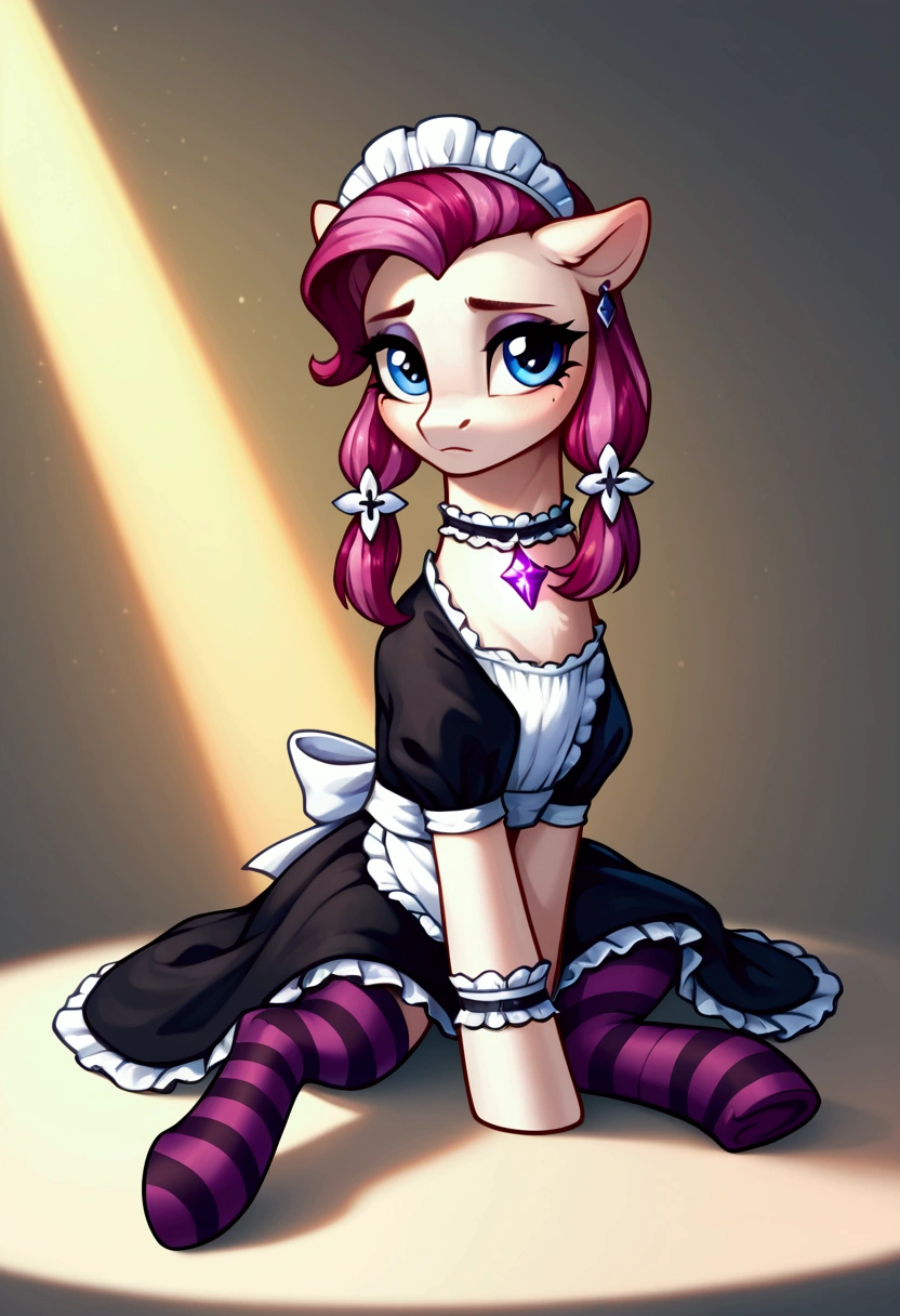 score_9,score_8_up,score_7_up,score_6_up, ((my little pony)), radiant lighting, vibrant colors, whimsical atmosphere, 8K, high resolution, highly detailed, masterpiece, (shy look), ((pony body)), white body, blue eyes, (maid costume), striped stockings, star pendant, earrings, eyeshadow, (hair is magenta-colored), ((sitting pose))