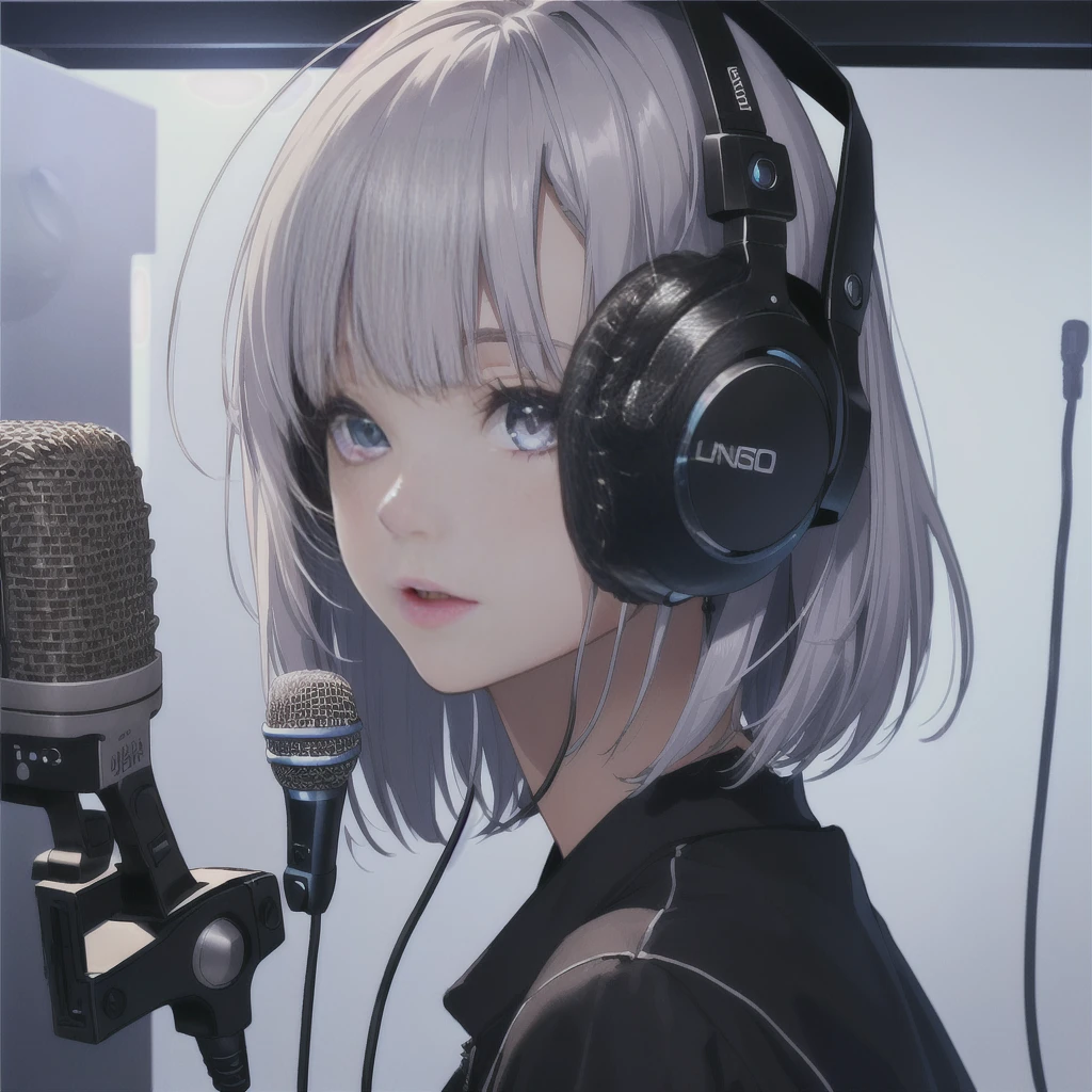 (((perfect quality, perfect anatomy, perfect body, beautiful, masterpiece))), (closeup-face:1.2)(shiny silver hair, bob cut, bang between eyes, beautiful hair, beautiful silver eyes, glossy eyes, twinkle eyes, large breast), 1 beautiful girl, cute face, beautiful face, pretty face, beautiful, best quality, good anatomy, BREAK girl sings to microphone while listening to the sound with headphones attached to one ear in a recording studio booth, recording microphone setting before girl,