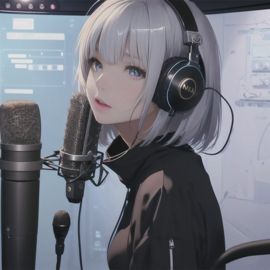 (((perfect quality, perfect anatomy, perfect body, beautiful, masterpiece))), (closeup-face:1.2)(shiny silver hair, bob cut, bang between eyes, beautiful hair, beautiful silver eyes, glossy eyes, twinkle eyes, large breast), 1 beautiful girl, cute face, beautiful face, pretty face, beautiful, best quality, good anatomy, BREAK girl sings to microphone while listening to the sound with headphones attached to one ear in a recording studio booth, recording microphone setting before girl,