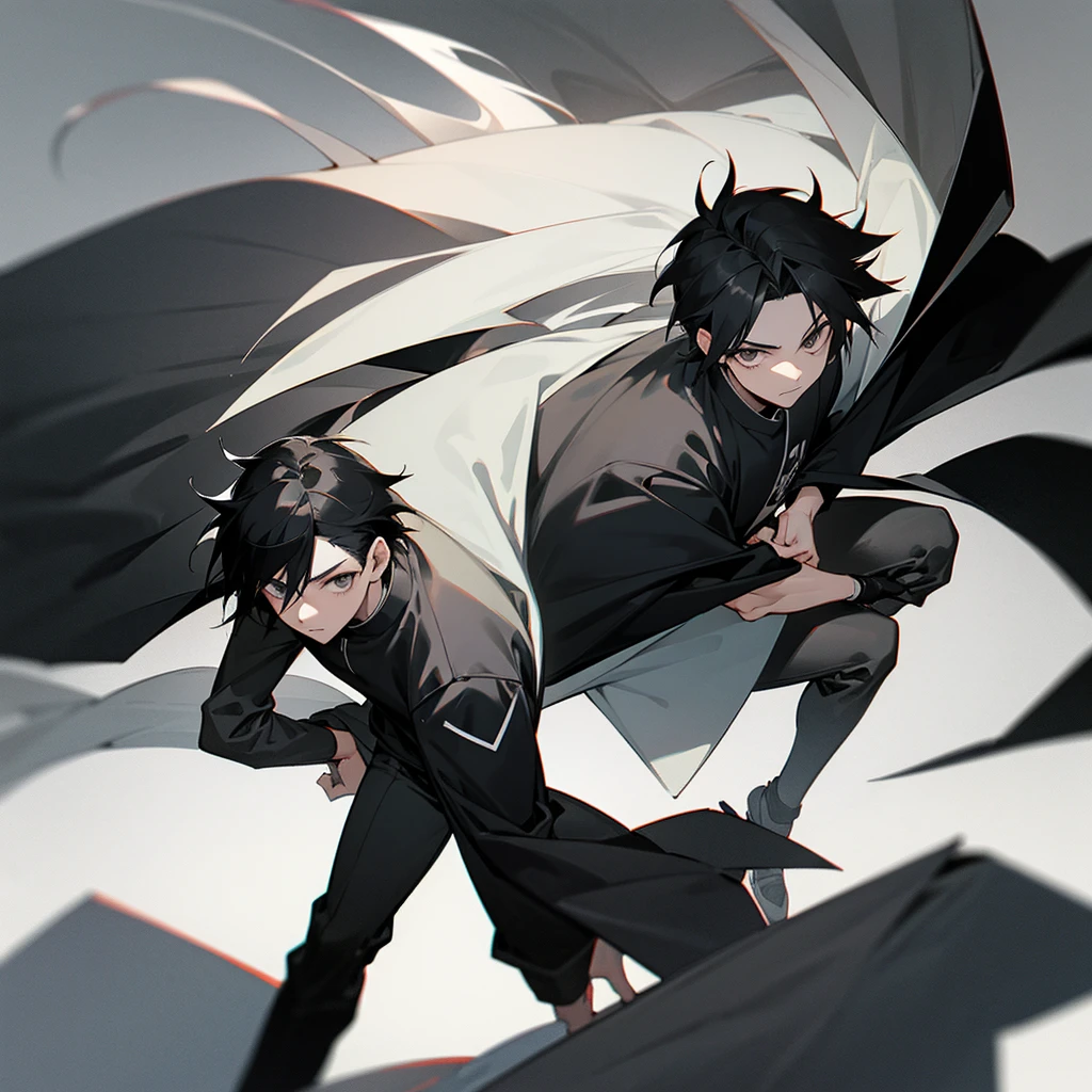 anime boy, black hair with grayscale ombré Californian highlights, young adult 27 years old, black clothes and gray background