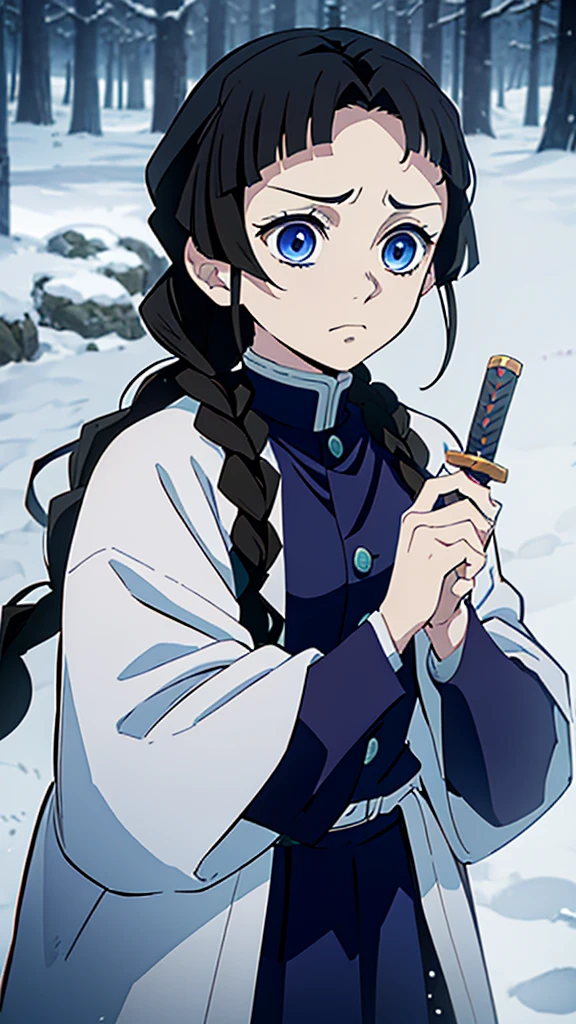 Kimetsu no Yaiba style, 1 mature, girl, blue eyes, a hashira, pretty, long dark brown hair in braids, curtain bangs, annoyed expression, noble, Pillar Demon Slayer, holding a sword, wearing demon slayer uniform, holding a blue demon slayer sword, dark and snowy background